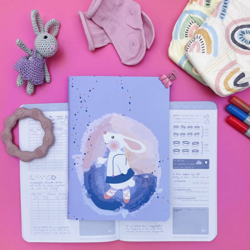 nyuszi és a szivárvány – maxi babanapló komplett csomag kékeslila nyomatos